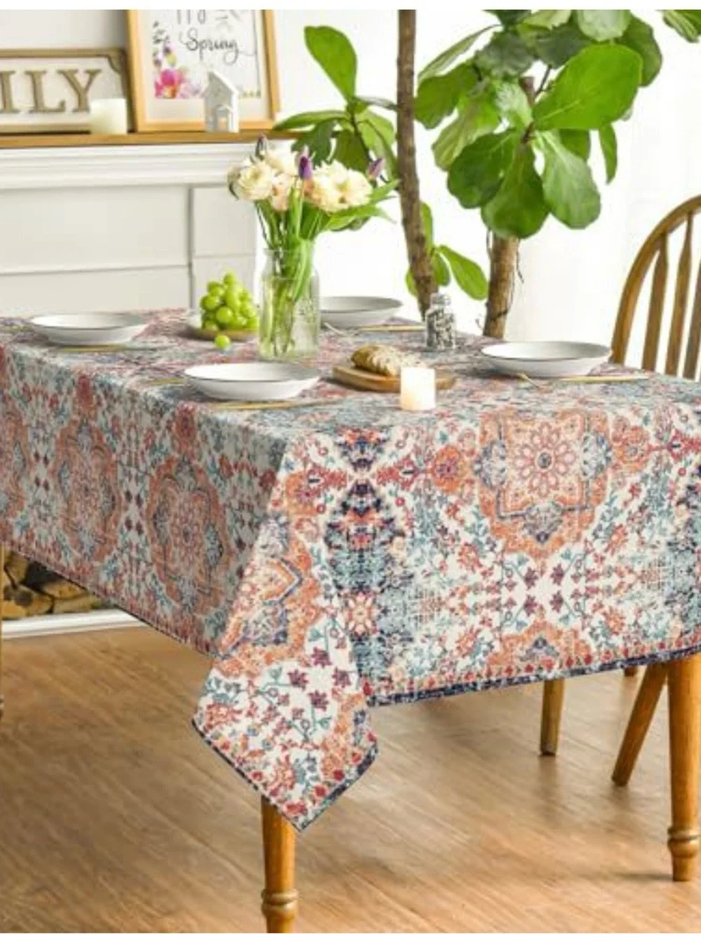 Boho Floral Medallion Tablecloth in Coral and Teal